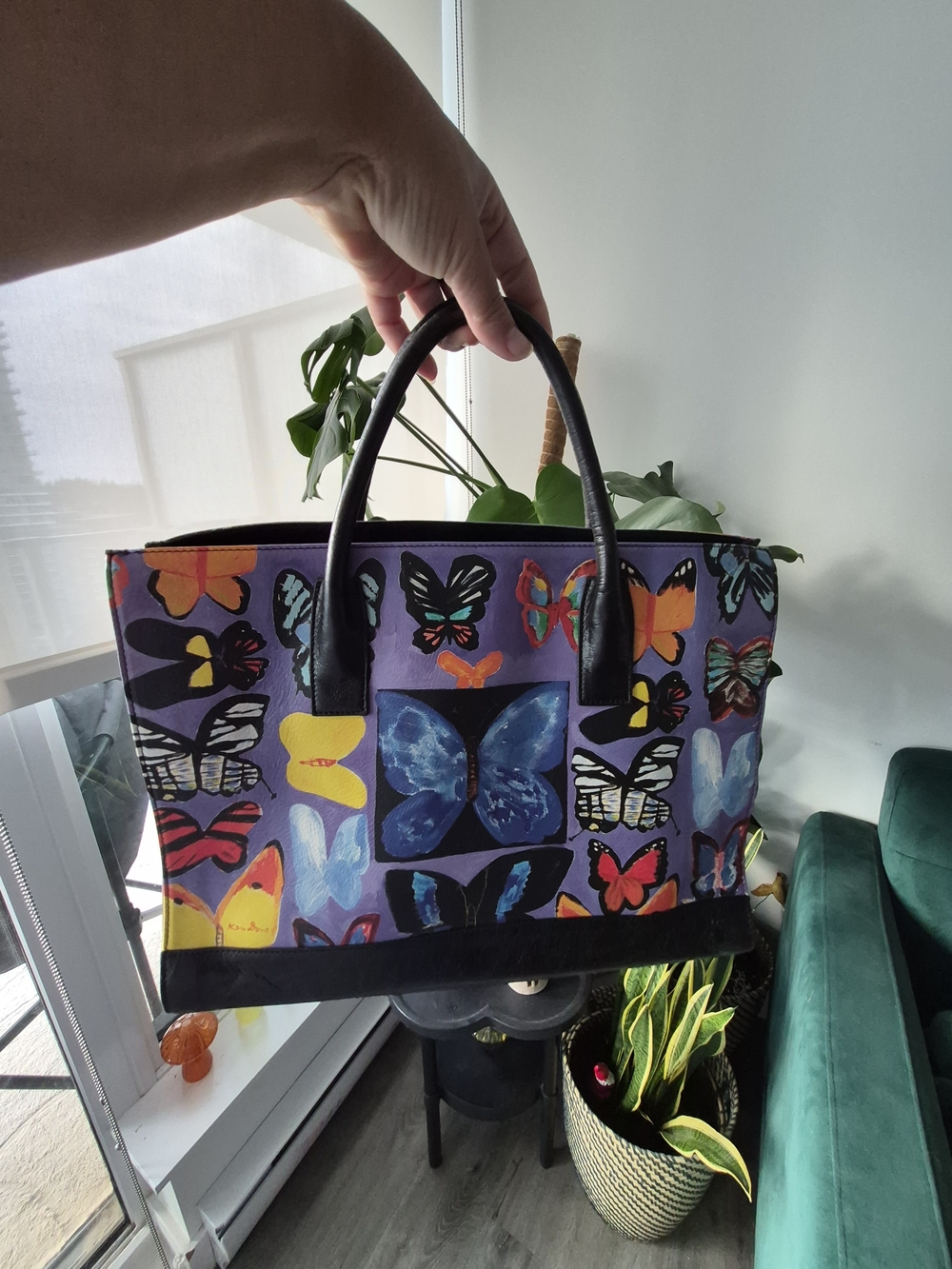 Icon Ken Done Butterfly Tote Bag – Purple Multicolor – Leather – Rare